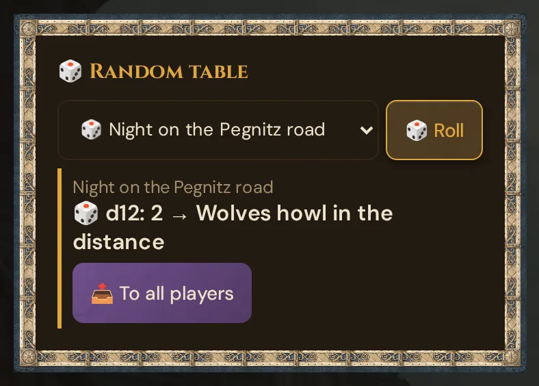 The ๐ฒ Random table card in Live: the table Night on the Pegnitz road selected, the button Roll, and the result d12: 2 โ Wolves howl in the distance with the button To all players