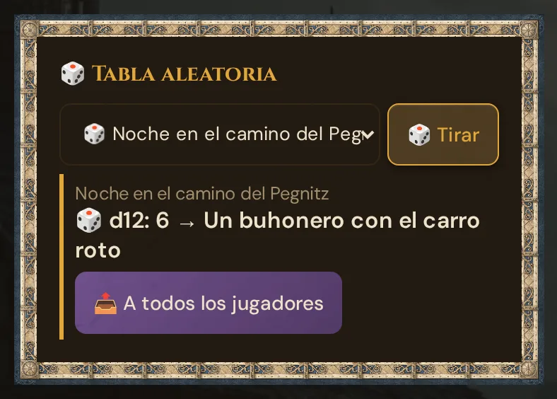 La tarjeta 🎲 Tabla aleatoria en directo: la tabla Noche en el camino del Pegnitz seleccionada, el botón Tirar y el resultado d12: 6 → Un buhonero con el carro roto con el botón A todos los jugadores