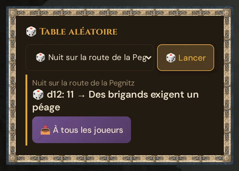La carte 🎲 Table aléatoire dans le Live : la table Nuit sur la route de la Pegnitz sélectionnée, le bouton Lancer et le résultat d12: 11 → Des brigands exigent un péage avec le bouton À tous les joueurs