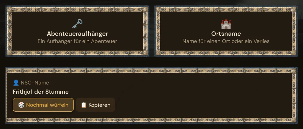 Ein gewürfelter NPC-Name unter den letzten Tabellenkarten, mit Nochmal würfeln und Kopieren