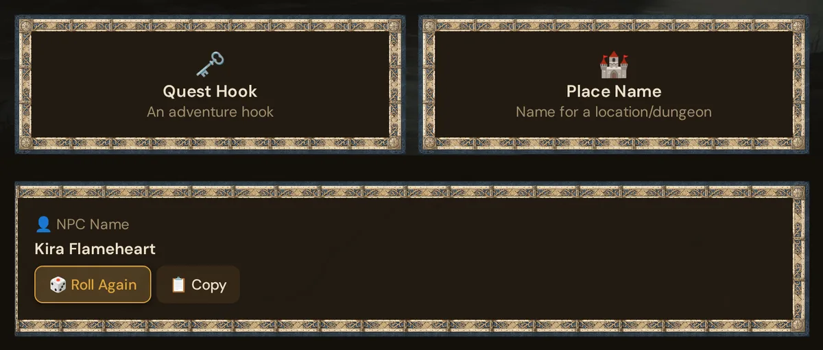 A rolled NPC name below the last table cards, with Roll Again and Copy