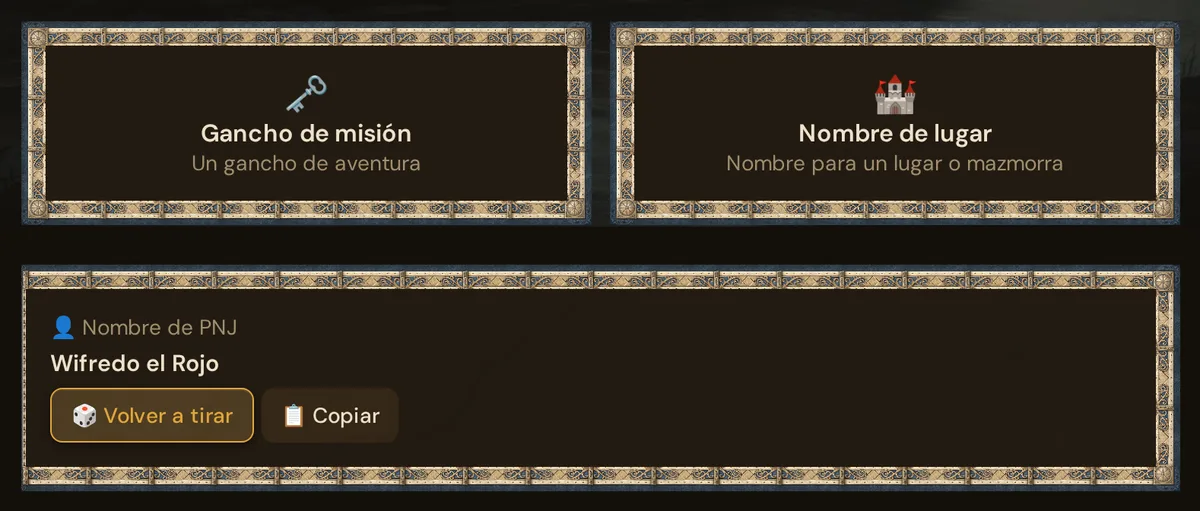 Un nombre de PNJ tirado bajo las últimas tarjetas de tablas, con Volver a tirar y Copiar