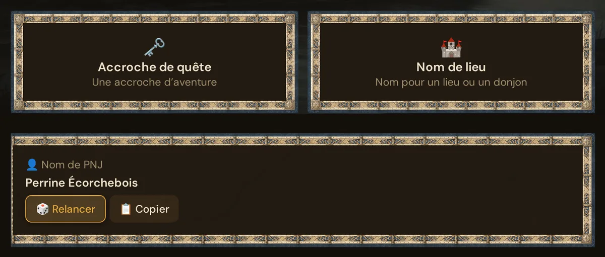 Un nom de PNJ tiré sous les dernières cartes de tables, avec Relancer et Copier