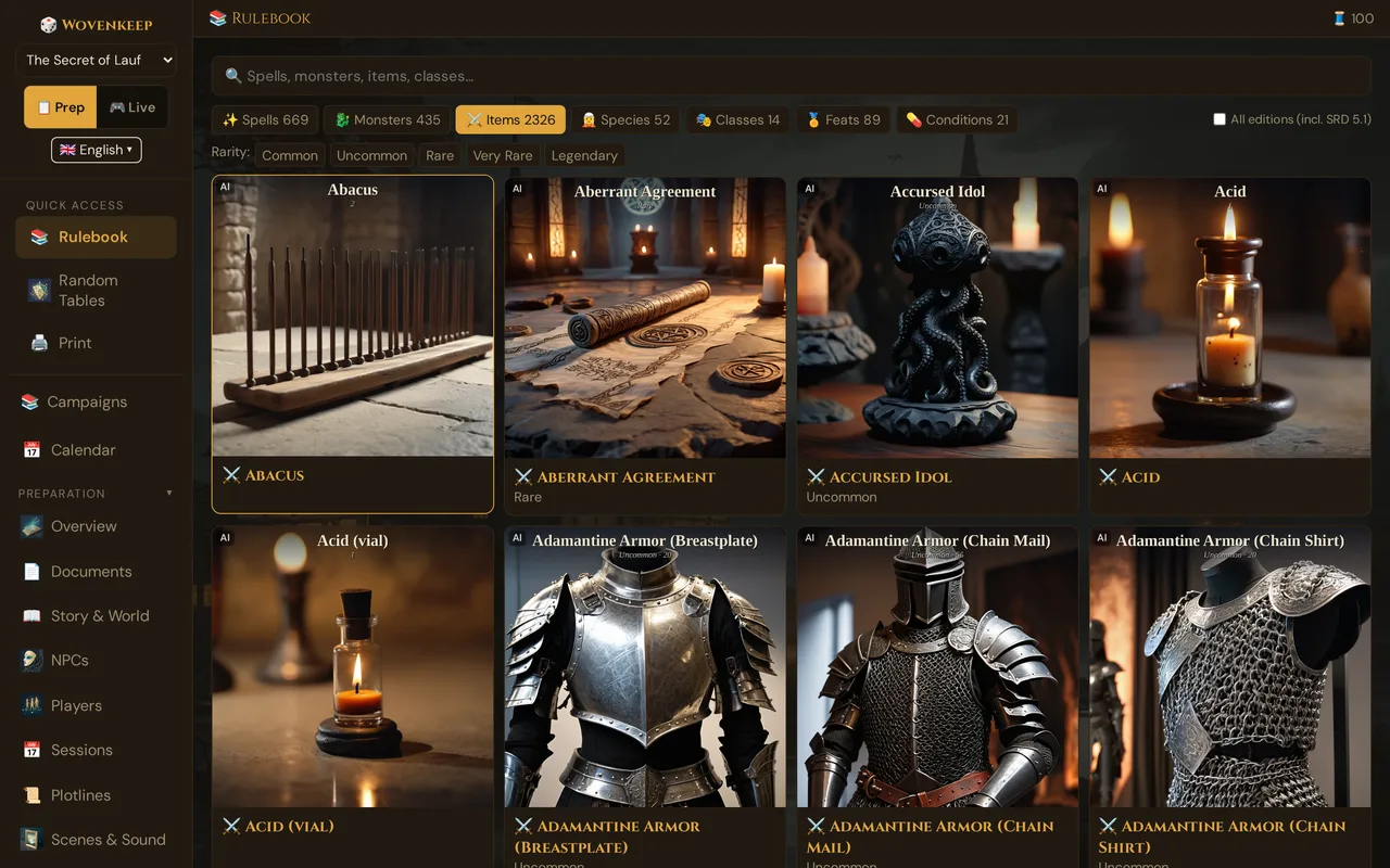 The Rulebook in the GM tool: Items tab with the rarity filter, the other category tabs and All editions (incl. SRD 5.1)
