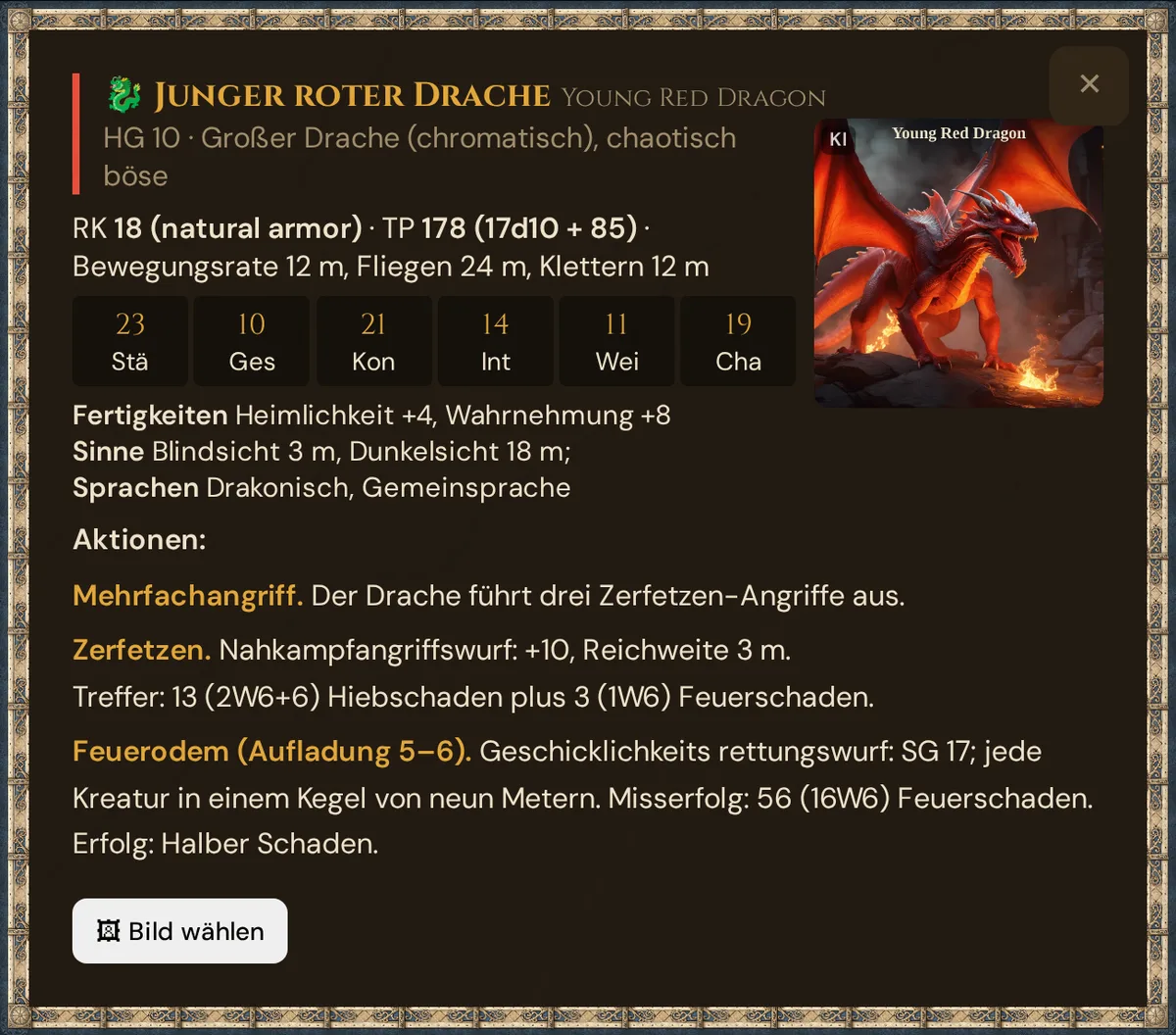 Das Detailfenster des Jungen roten Drachen mit Statblock, Bild und der Schaltfläche Bild wählen