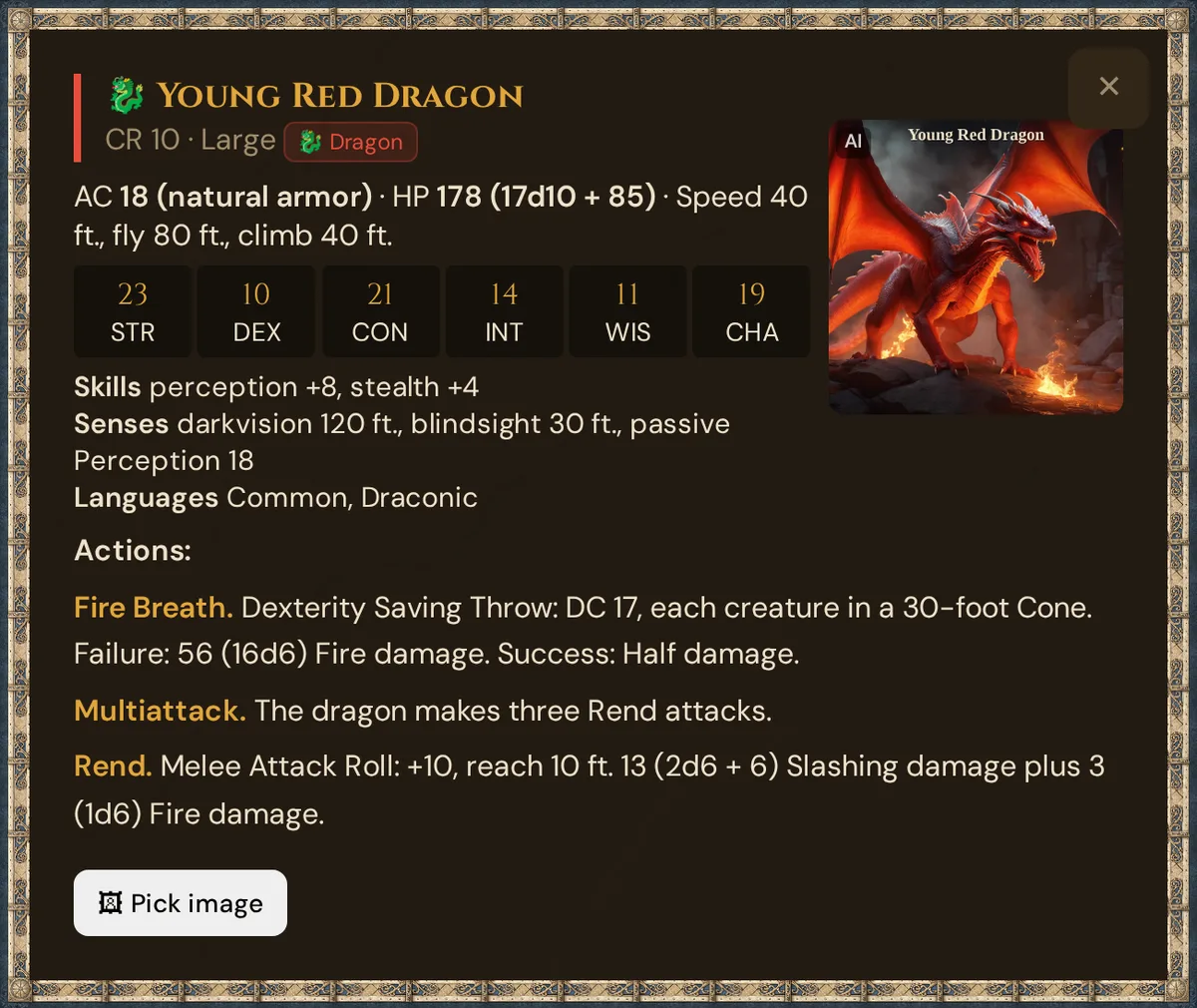 The detail window of the Young Red Dragon with statblock, picture and the Pick image button