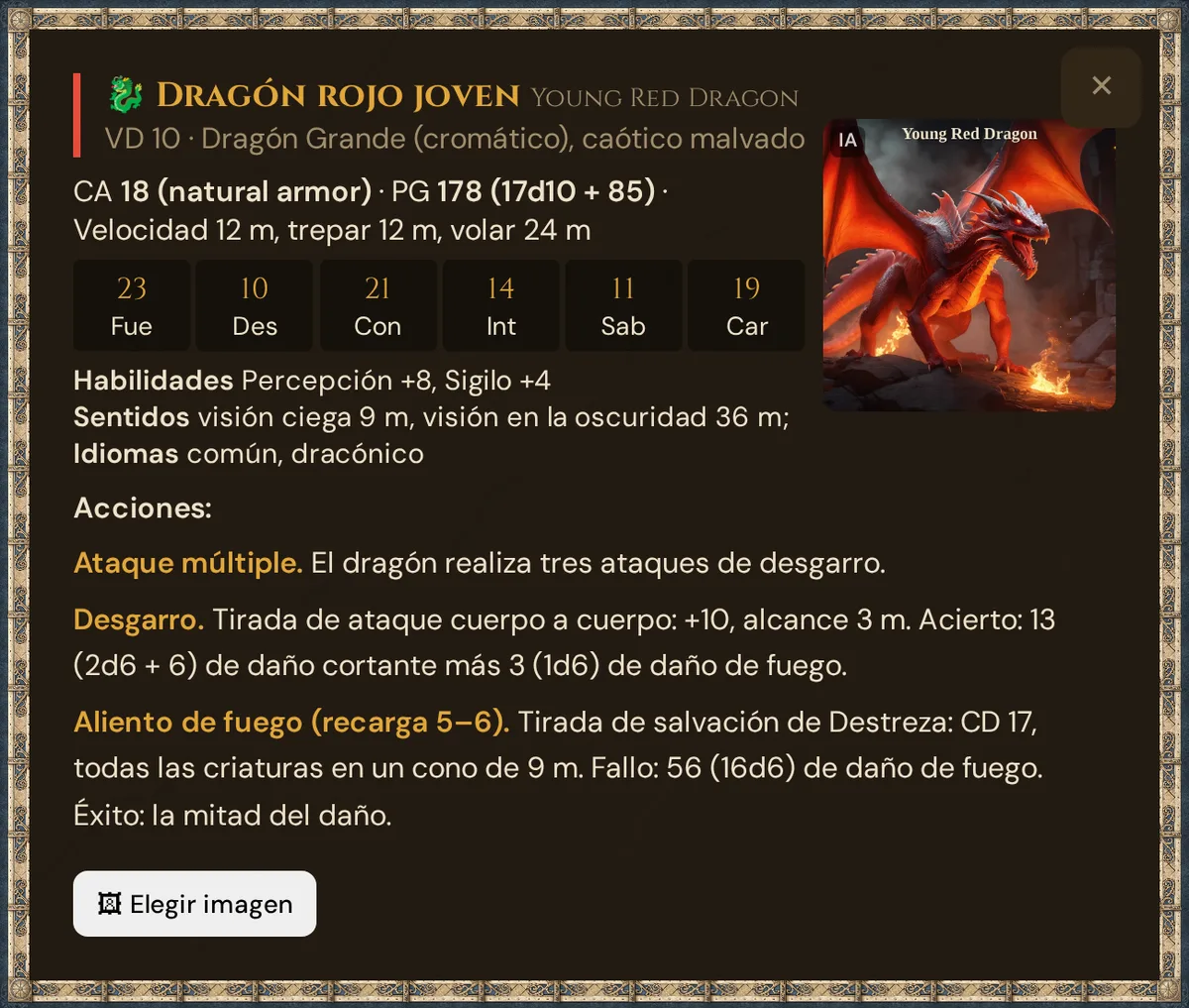 La ventana de detalle del Dragón rojo joven con bloque de estadísticas, imagen y botón Elegir imagen
