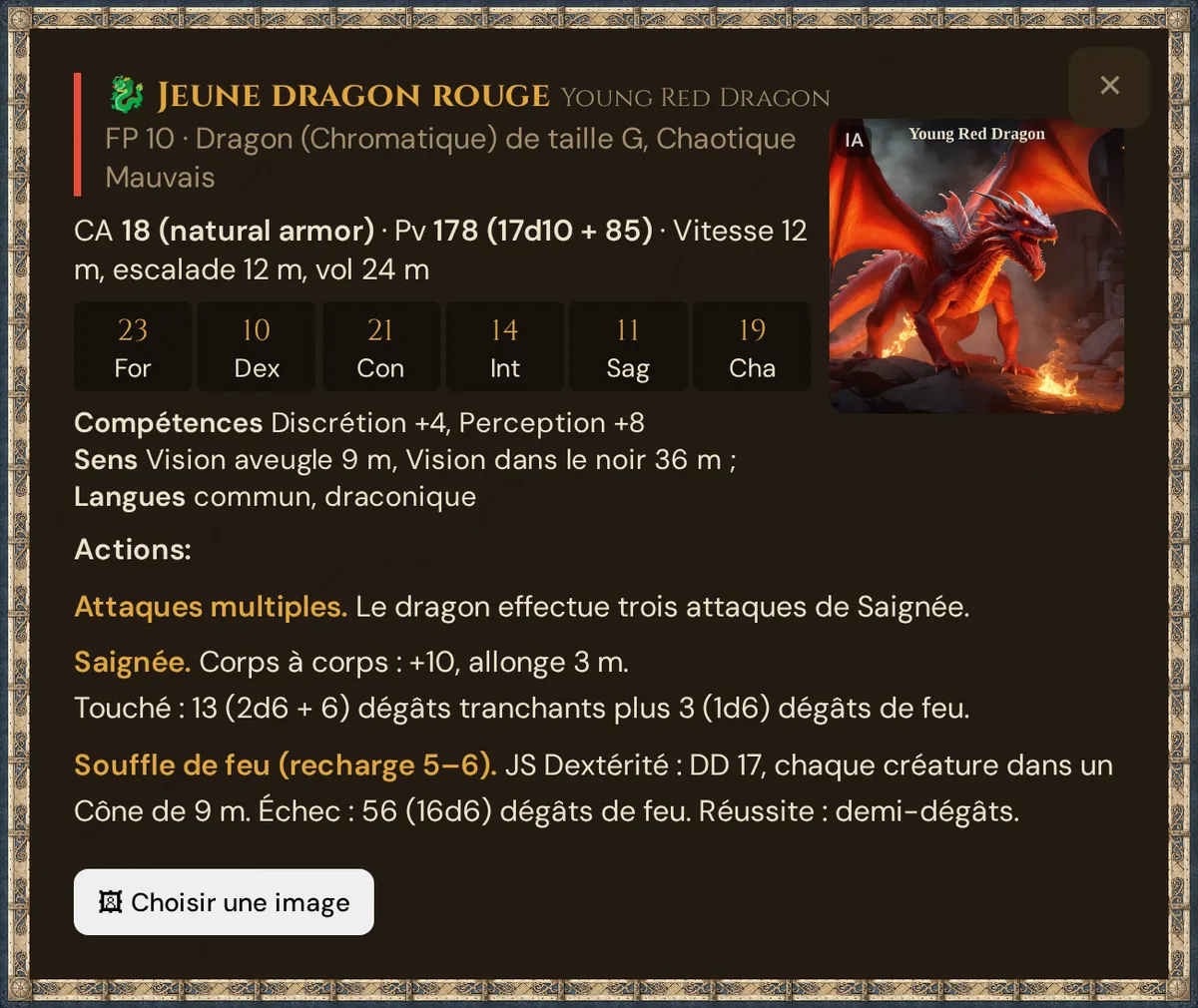 La fenêtre de détail du Jeune dragon rouge avec bloc de statistiques, image et bouton Choisir une image