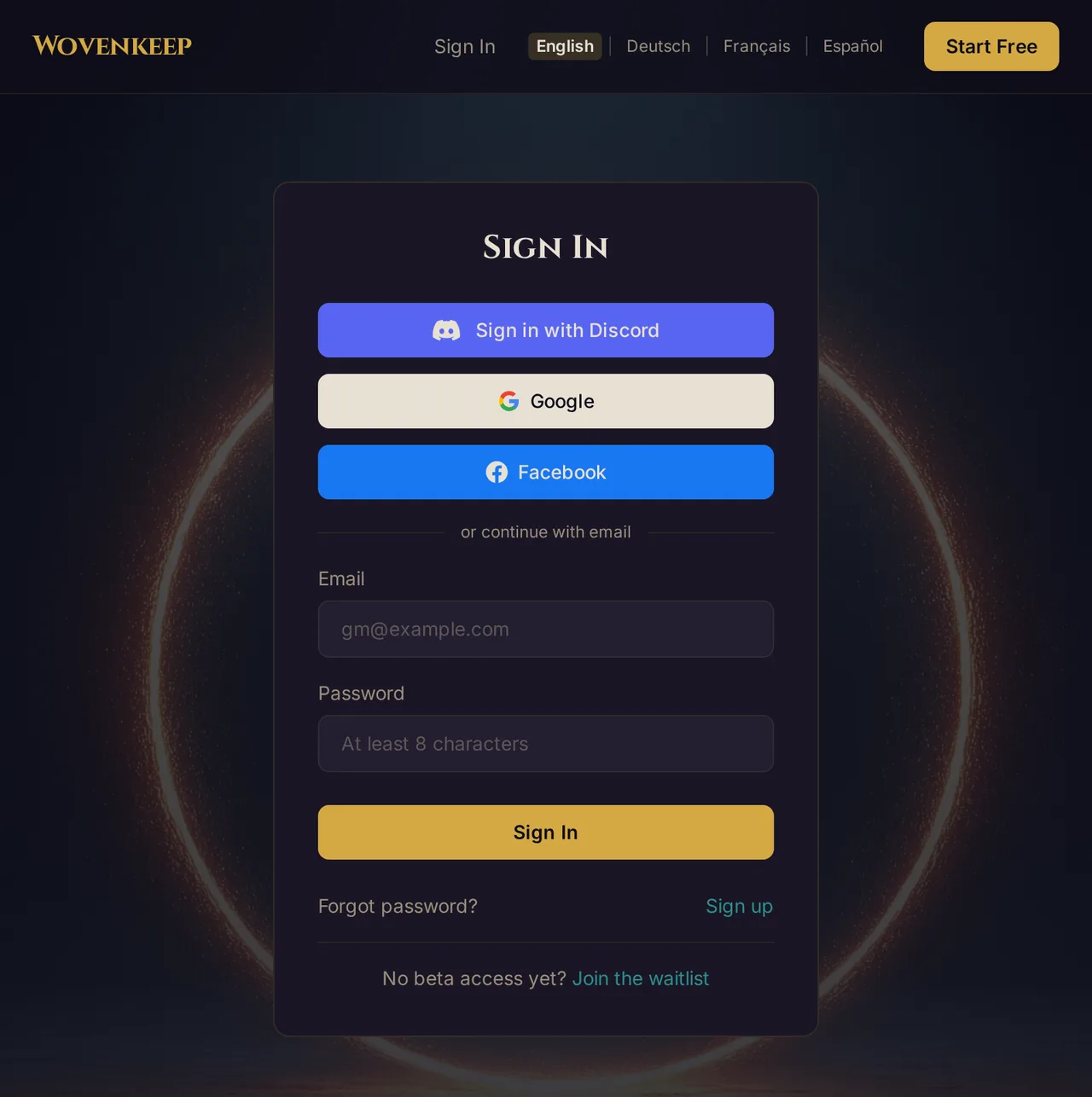 The Wovenkeep account sign-in page at app.wovenkeep.com