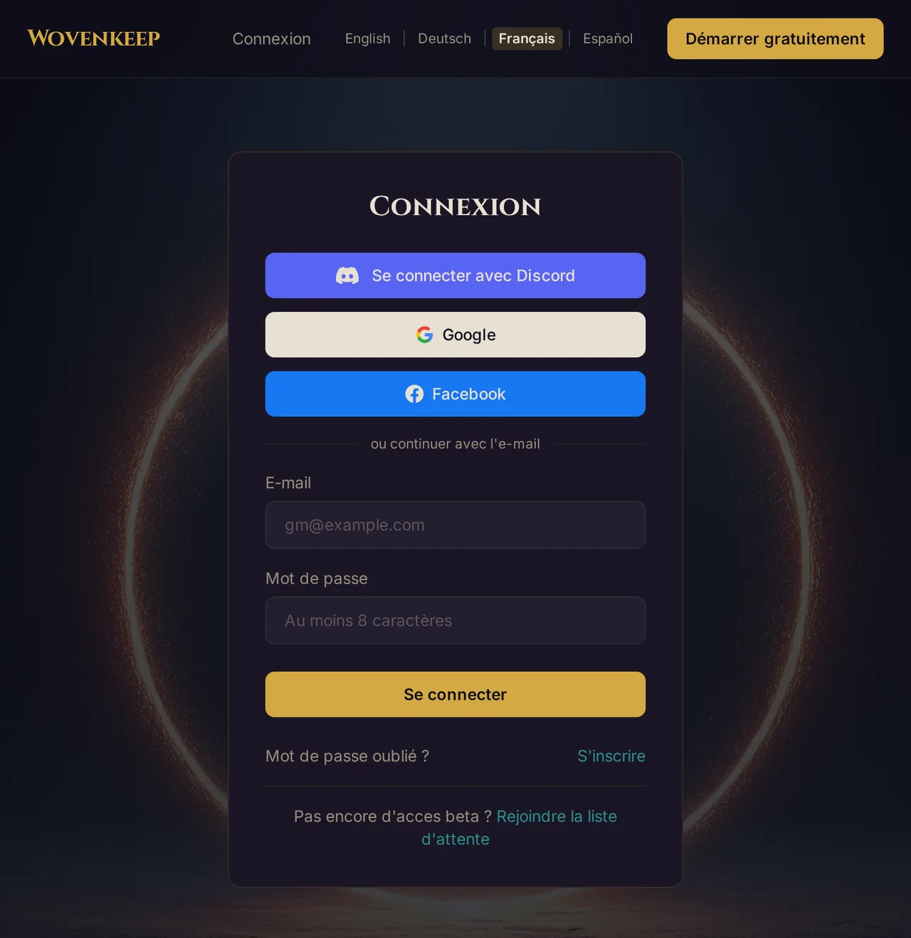 La page de connexion du compte Wovenkeep sur app.wovenkeep.com