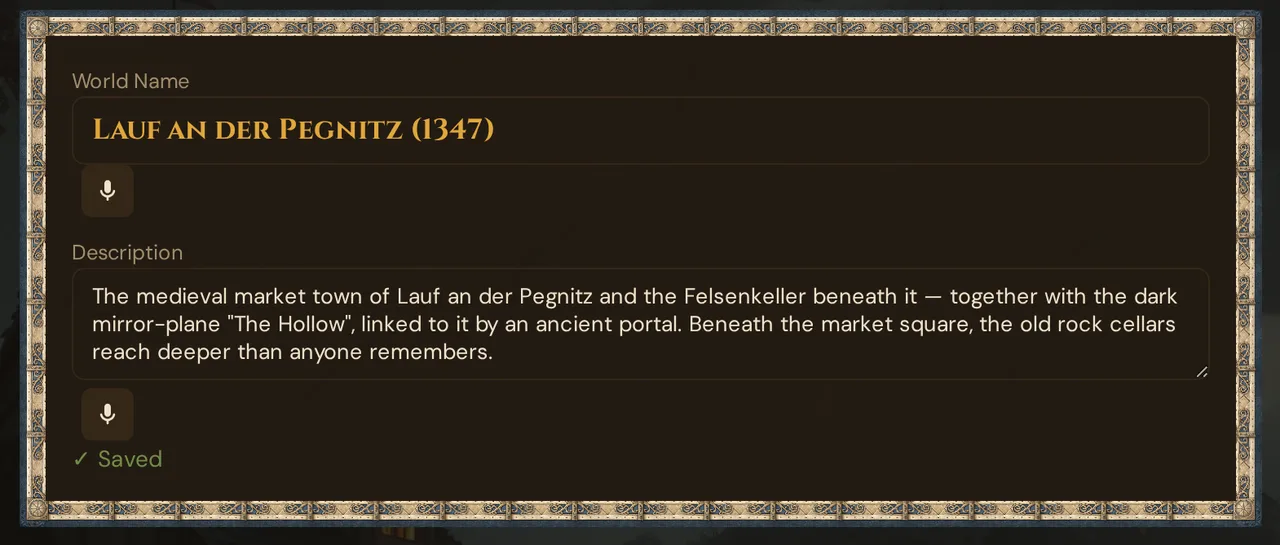 Autosave at work: right after you type in the world description, β Saved appears below the field