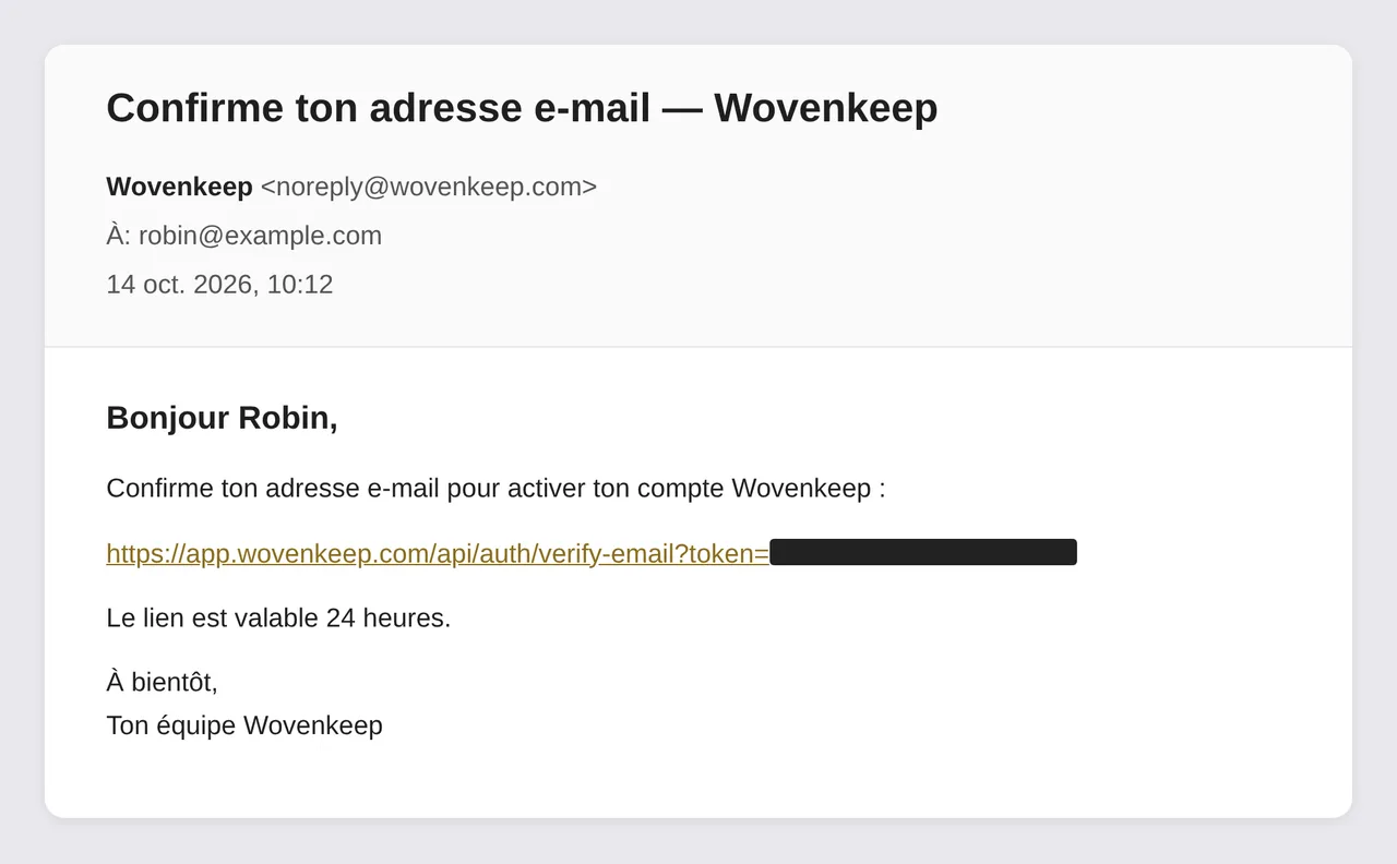 L'e-mail de confirmation avec le lien de vérification