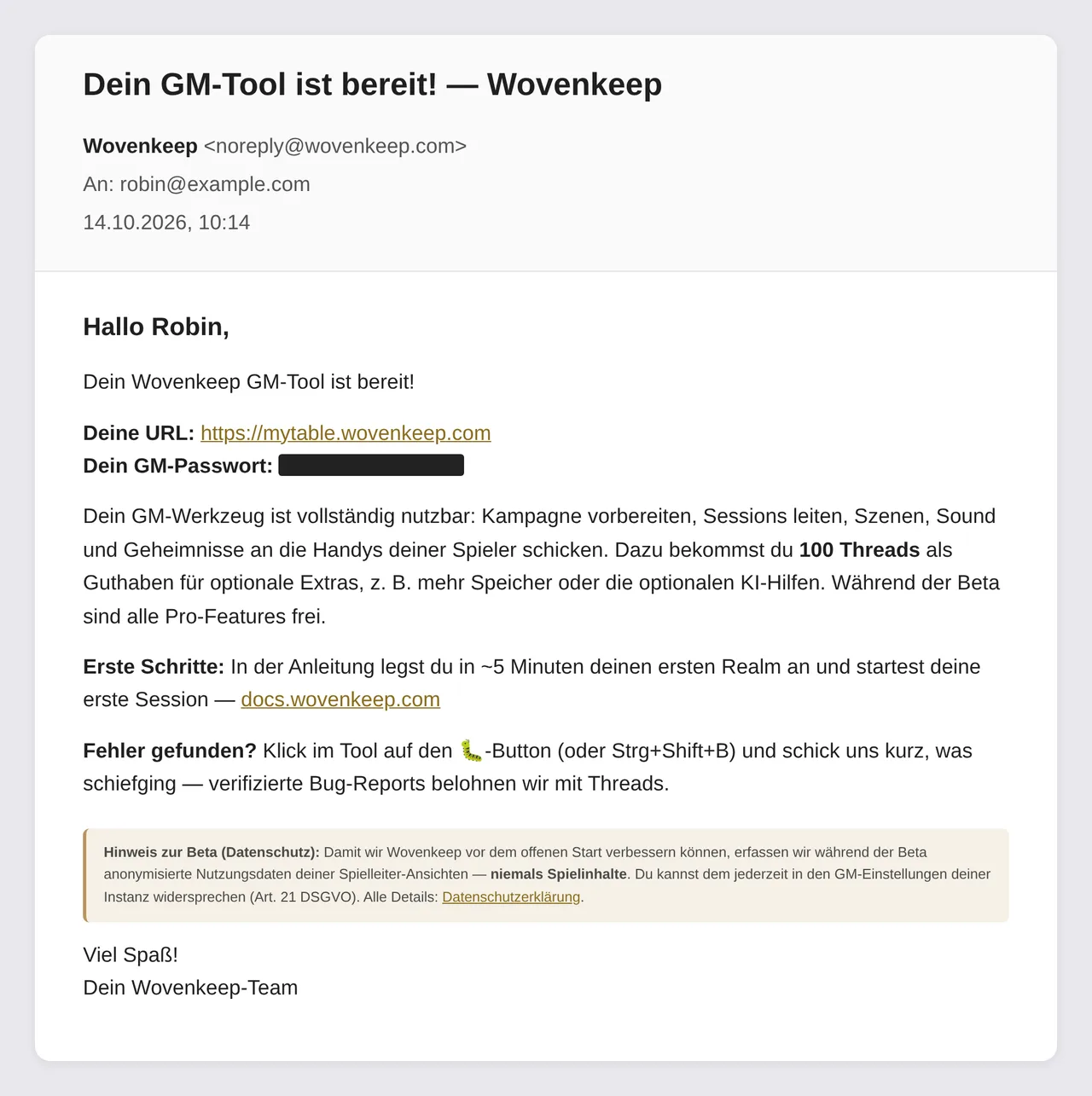 Die Willkommens-E-Mail mit deiner Realm-URL und deinem GM-Passwort