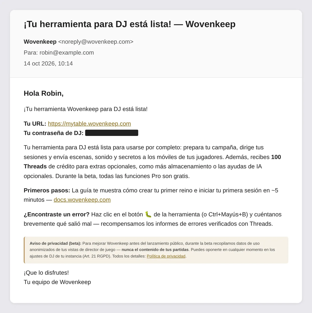 El correo de bienvenida con la URL de tu Realm y tu contraseña GM