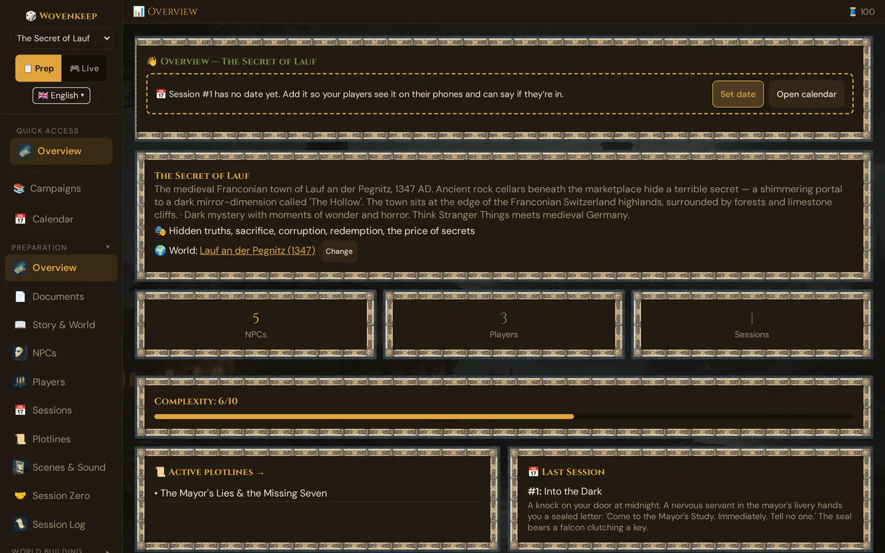 The Overview of a campaign in the GM tool: sidebar, top bar and your campaign at a glance