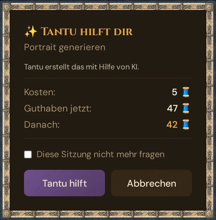 Der Bestätigungsdialog vor einer kostenpflichtigen KI-Hilfe: Kosten, Guthaben jetzt und danach