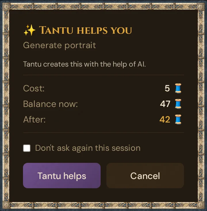 The confirm dialog before a paid AI help: cost, balance now and balance after