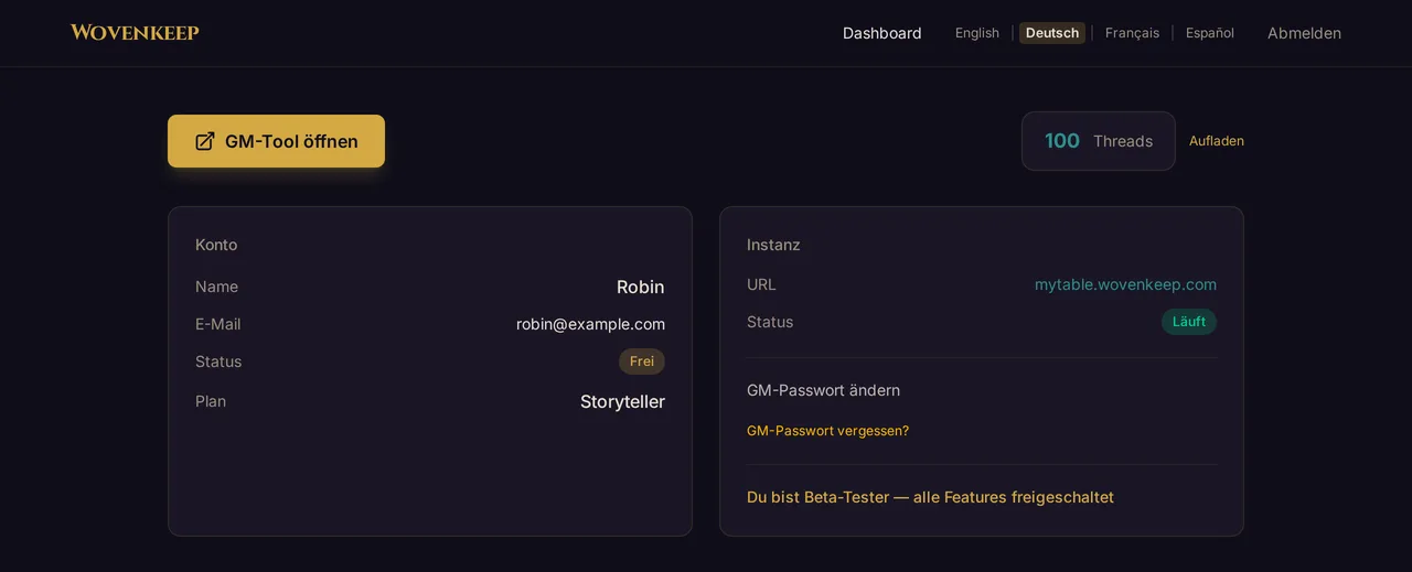 Dein Konto-Dashboard auf app.wovenkeep.com in der Beta: GM-Tool öffnen, dein Threads-Guthaben, dein Paket und der Beta-Hinweis