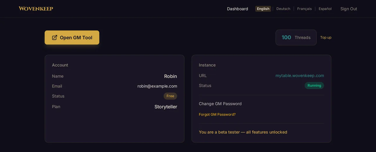 Your account dashboard on app.wovenkeep.com during the beta: Open GM Tool, your Threads balance, your plan and the beta note