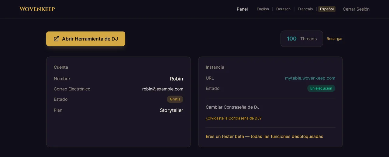 El panel de tu cuenta en app.wovenkeep.com durante la beta: Abrir Herramienta de DJ, tu saldo de Threads, tu plan y el aviso de beta