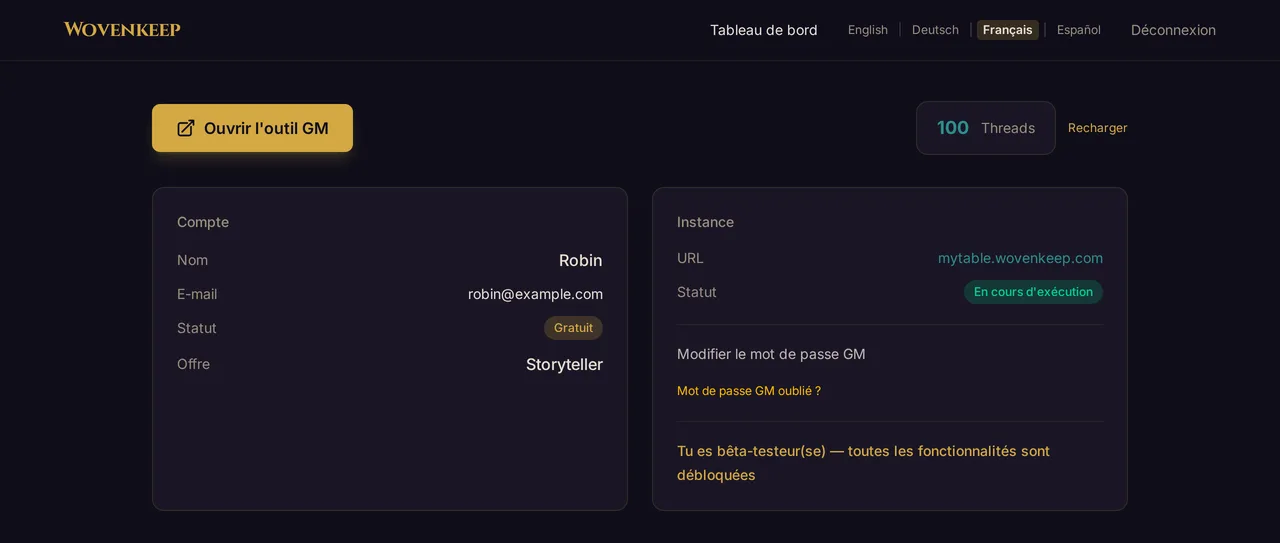 Le tableau de bord de ton compte sur app.wovenkeep.com pendant la bêta : Ouvrir l'outil GM, ton solde de Threads, ton offre et la mention bêta