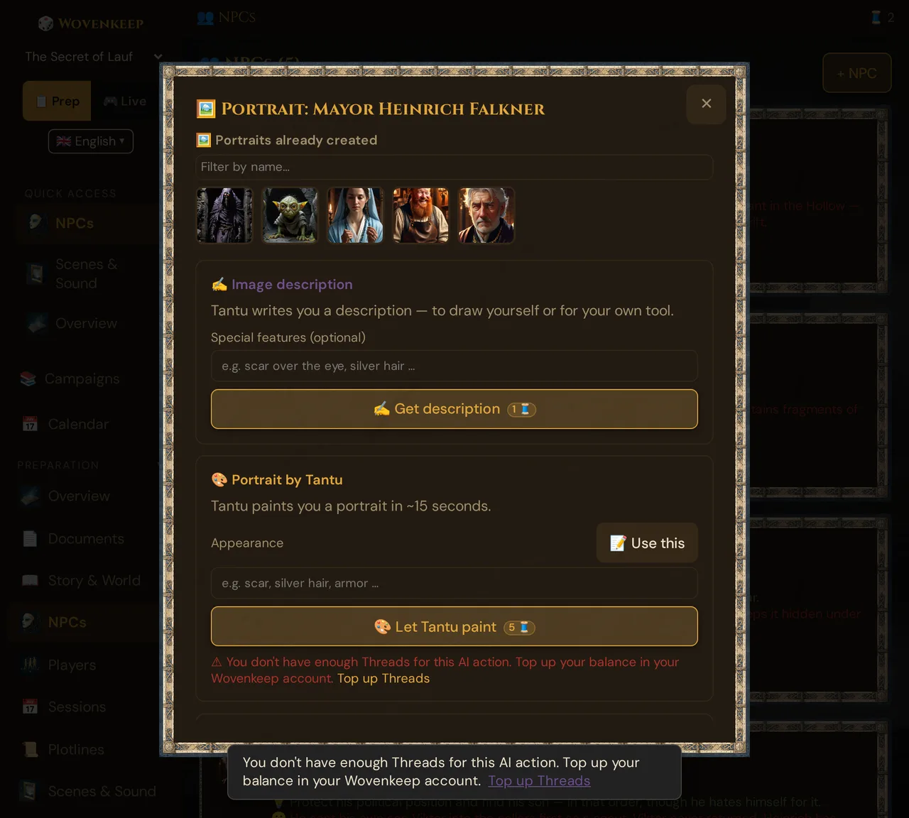 Not enough Threads: the notice in the portrait window and at the bottom of the screen, with the Top up Threads link