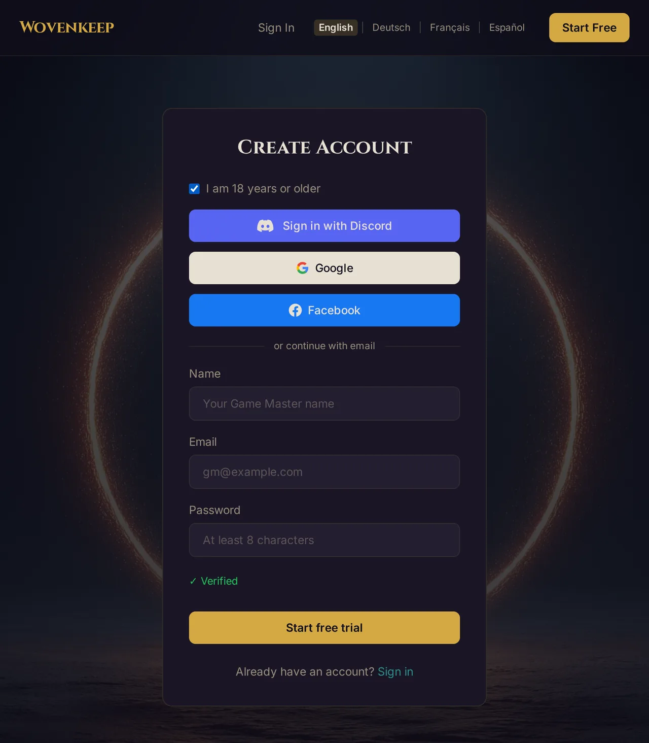 The player signup form with the 18+ confirmation at the top