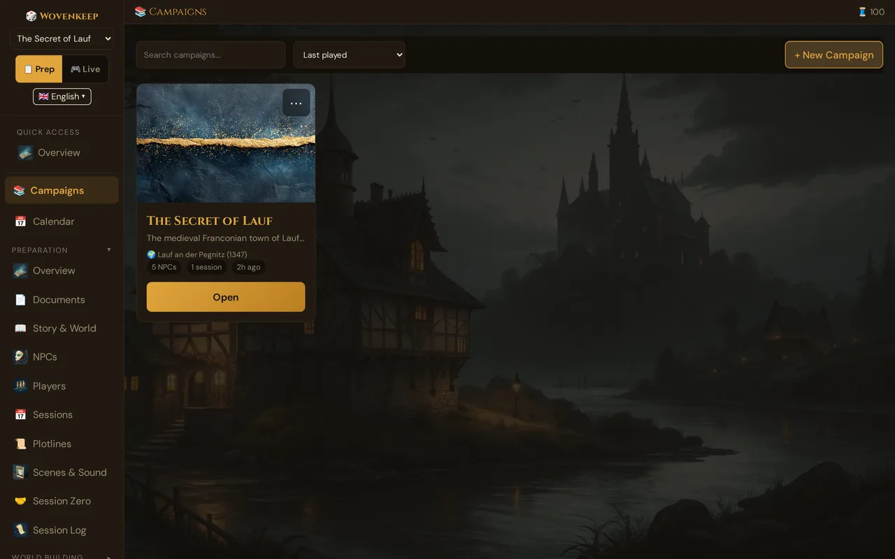 The Campaigns hub right after logging in, with the demo campaign The Secret of Lauf