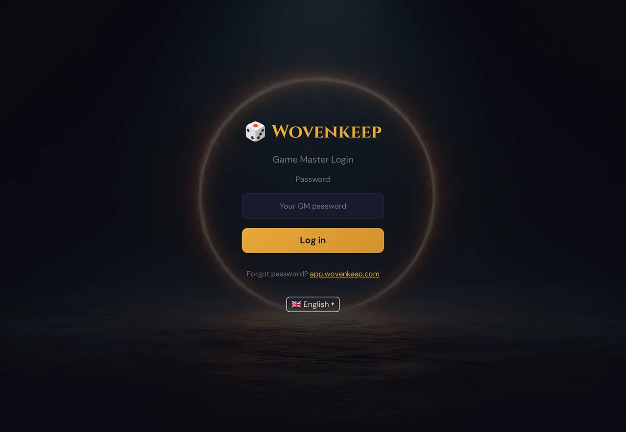 The GM password prompt at yourname.wovenkeep.com/gm