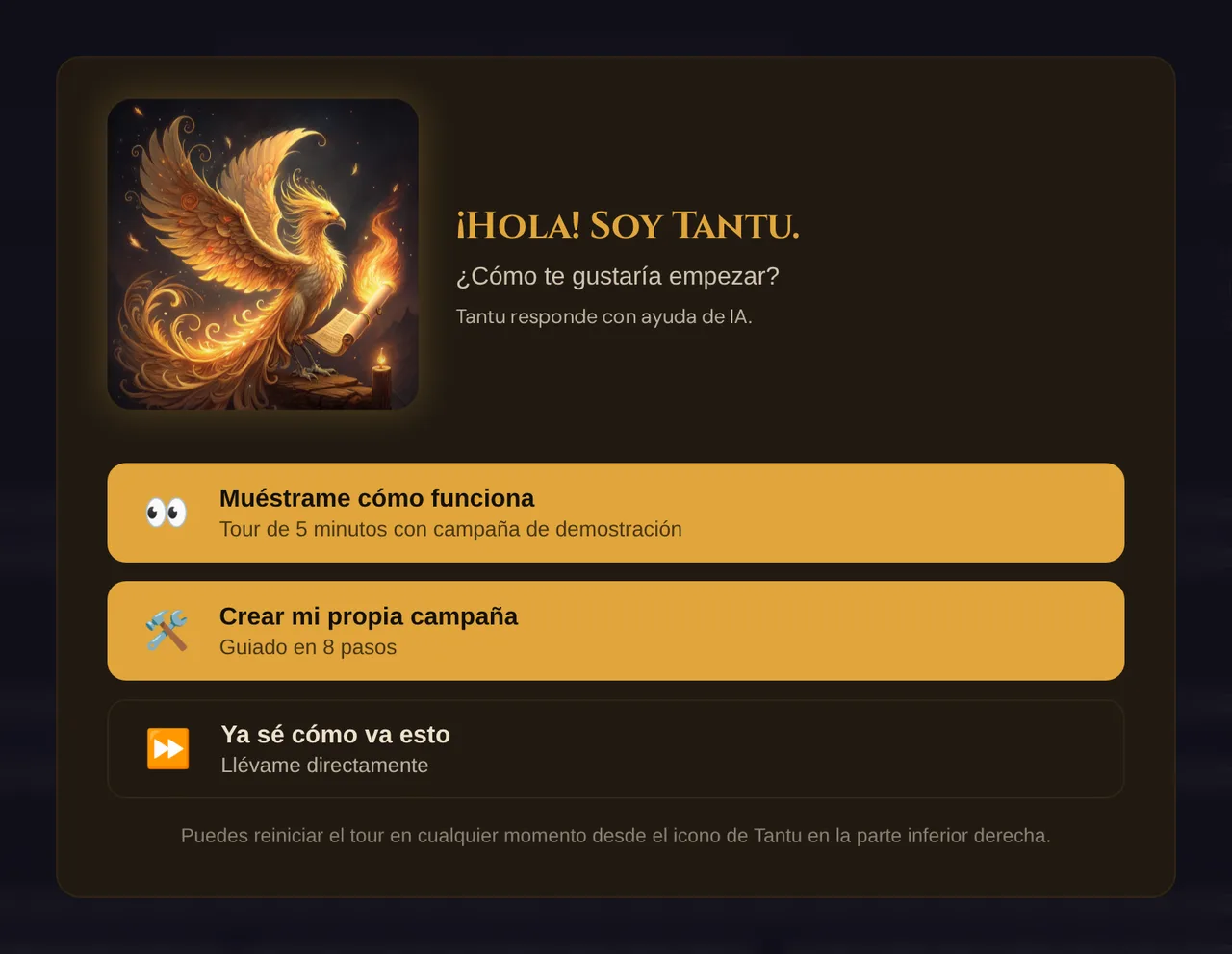 El modal de bienvenida: Tantu te recibe con tres formas de empezar