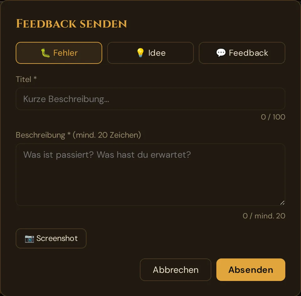Das Fenster Feedback senden mit Fehler, Idee und Feedback