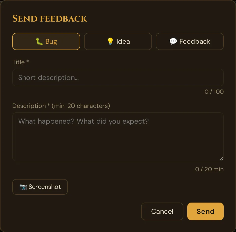 The Send feedback window with Bug, Idea and Feedback