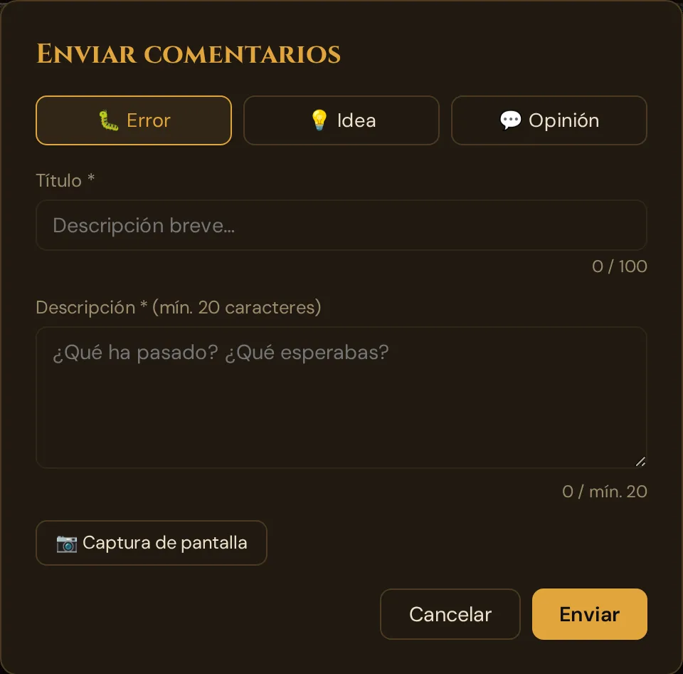 La ventana Enviar comentarios con Error, Idea y Opinión