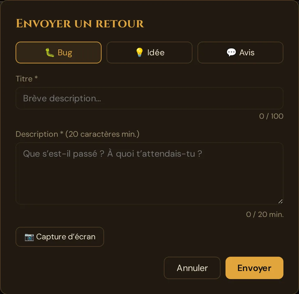 La fenêtre Envoyer un retour avec Bug, Idée et Avis