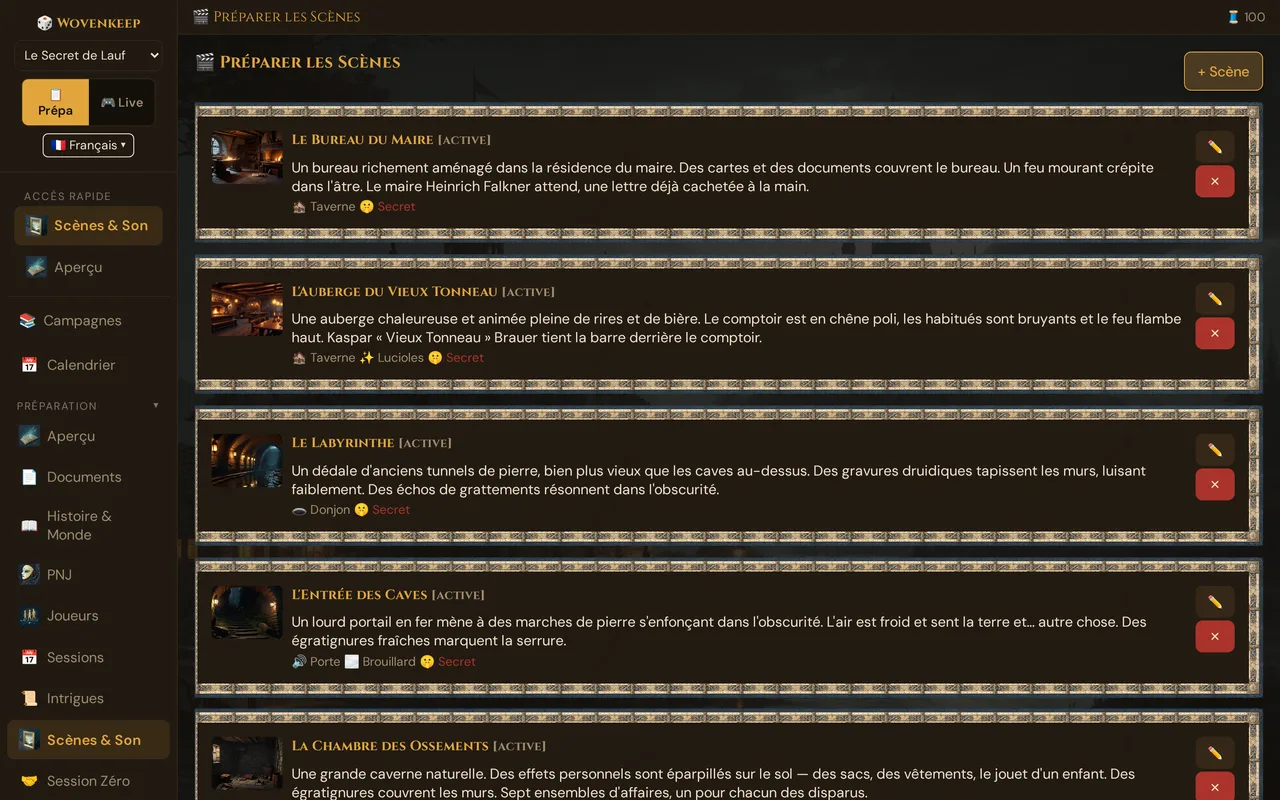 L'interface GM complète : barre latérale, barre supérieure et zone de page