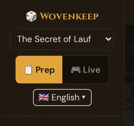 The top of the sidebar: logo, campaign selector, the Prep/Live switch and the language menu