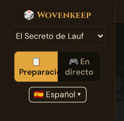 La parte superior de la barra lateral: logo, selector de campaña, el cambio Preparación/En directo y el menú de idiomas