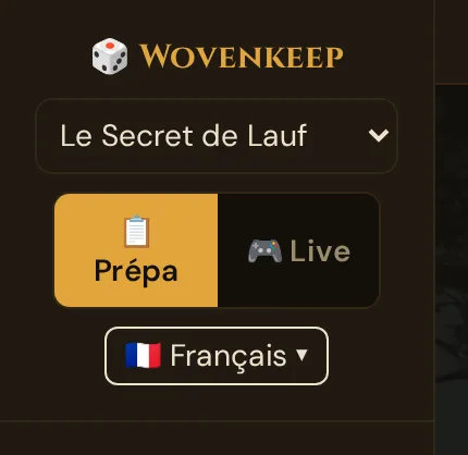 Le haut de la barre latérale : logo, choix de la campagne, bascule Prépa/Live et menu des langues