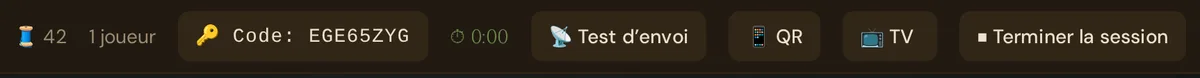 La partie droite de la barre supérieure pendant une session live : Threads, joueurs, code, minuteur, test d'envoi, QR, TV, Terminer la session