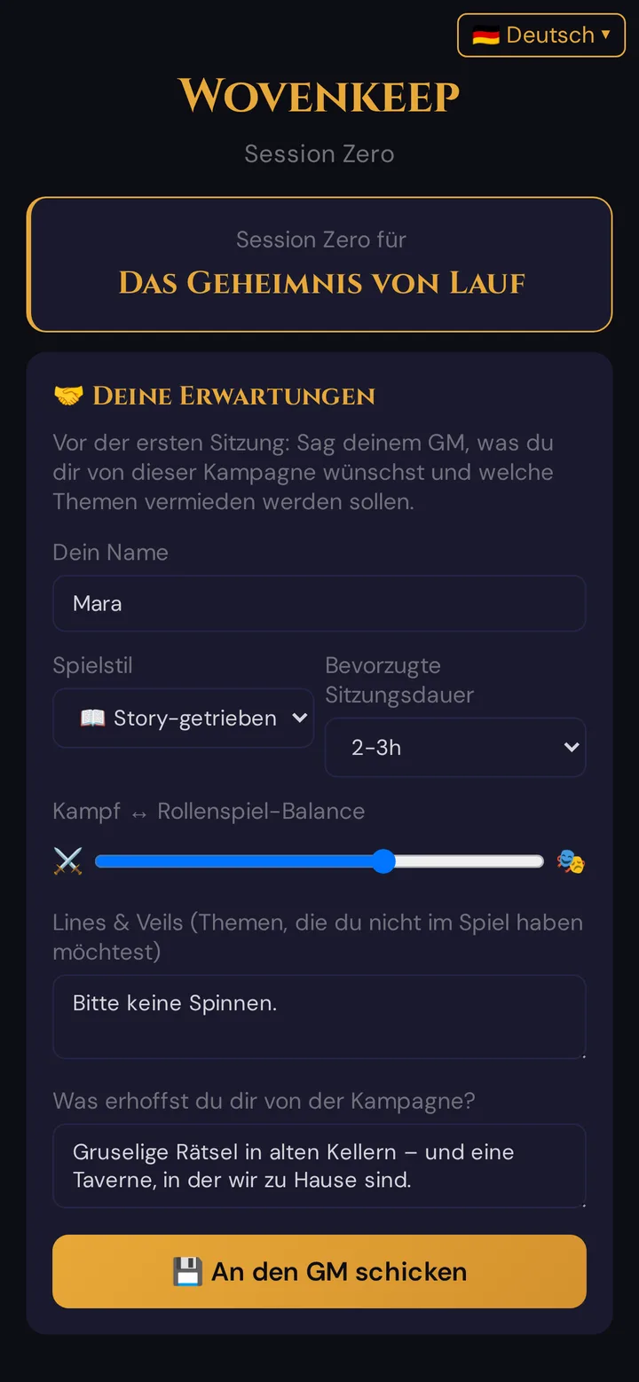 Die Session-Zero-Umfrage auf dem Handy eines Spielers, ausgefüllt