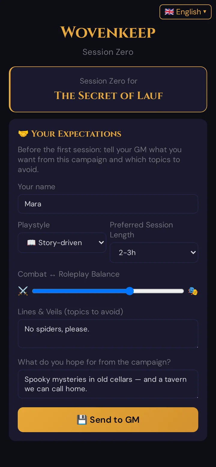 The Session Zero survey on a player's phone, filled in