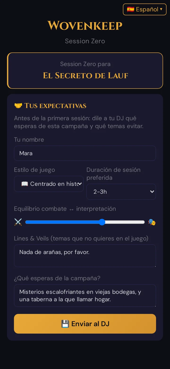 La encuesta de la sesión cero en el móvil de un jugador, rellenada