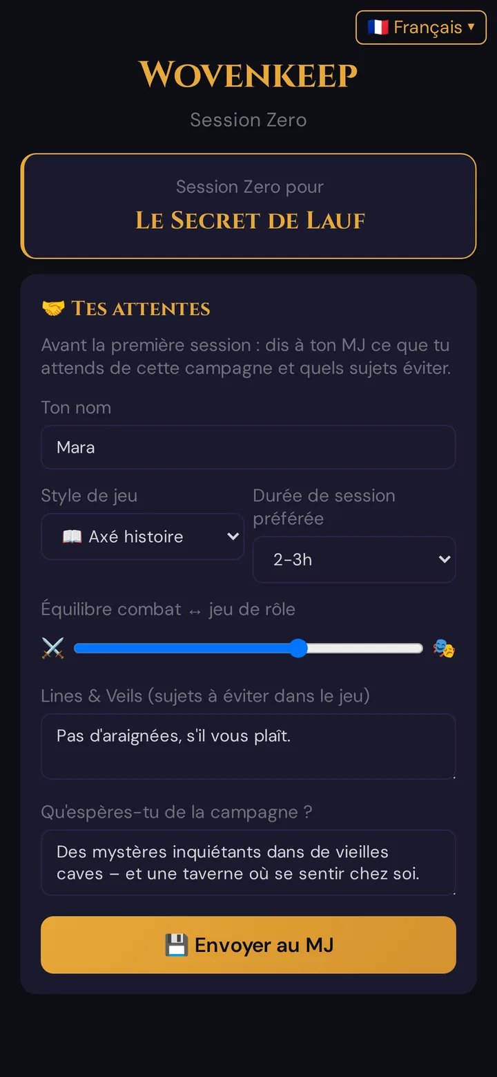 Le questionnaire de Session Zéro sur le téléphone d'un joueur, rempli