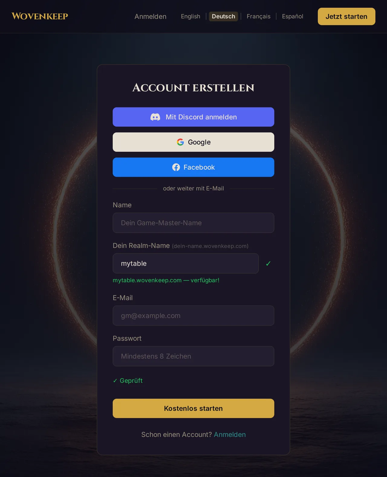 Das Wovenkeep-Registrierungsformular: oben Discord, Google und Facebook, darunter Name, Realm-Name mit Live-Prüfung, E-Mail und Passwort