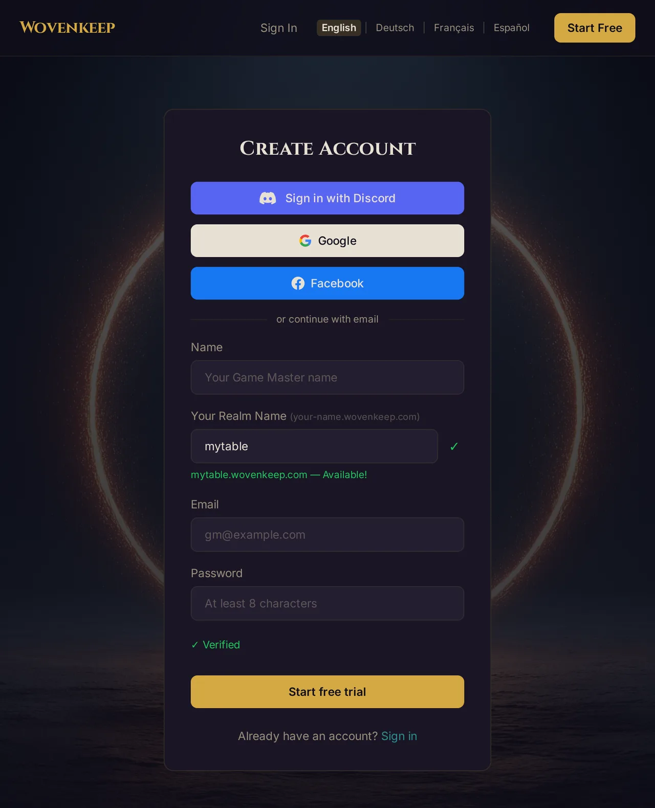 The Wovenkeep signup form: Discord, Google and Facebook at the top, then name, Realm name with live check, email and password