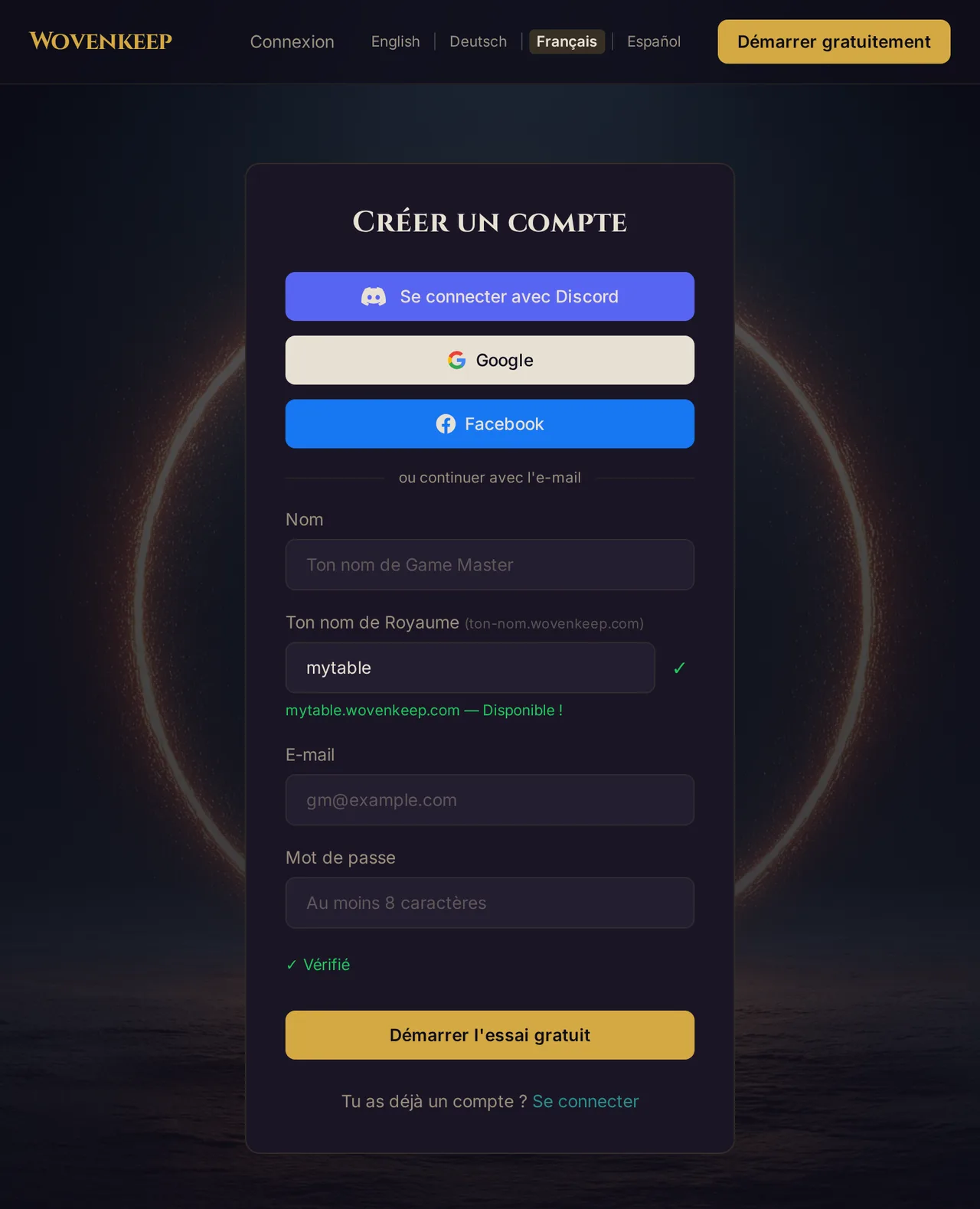 Le formulaire d'inscription Wovenkeep : Discord, Google et Facebook en haut, puis nom, nom de Royaume vérifié en direct, e-mail et mot de passe