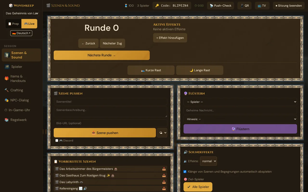 Das GM-Tool im Live-Modus: Live-Seitenleiste, Kopfleiste mit Spielern, Sitzungscode, Timer und QR, dazu die Seite Szenen & Sound