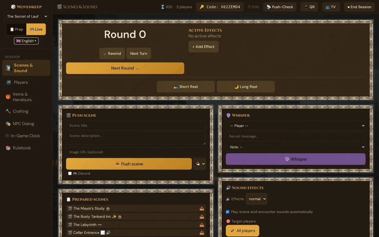 The GM tool in live mode: live sidebar, top bar with players, session code, timer and QR, and the Scenes & Sound page