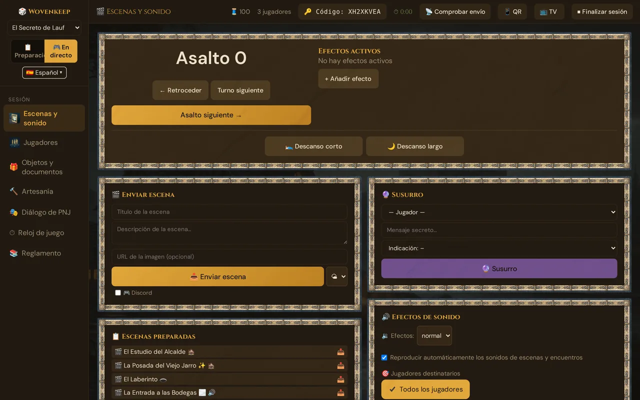 La herramienta GM en modo en directo: barra lateral en directo, barra superior con jugadores, código de sesión, temporizador y QR, y la página Escenas y sonido