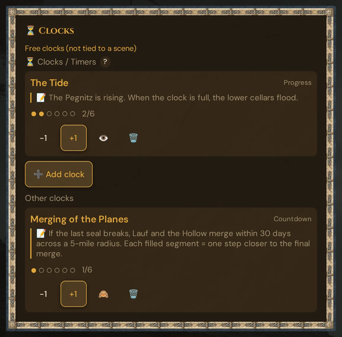 The ⏳ Clocks card in Scenes & Sound: Free clocks (not tied to a scene) with a revealed free clock, and below it Other clocks with the hidden clock Merging of the Planes — each with −1, +1, 👁️ and 🗑️